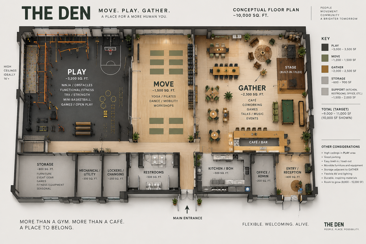 The Den conceptual floor plan with a Play area for obstacles and fitness, a Move studio for yoga and dance, and a Gather cafe and lounge, plus storage and support rooms.