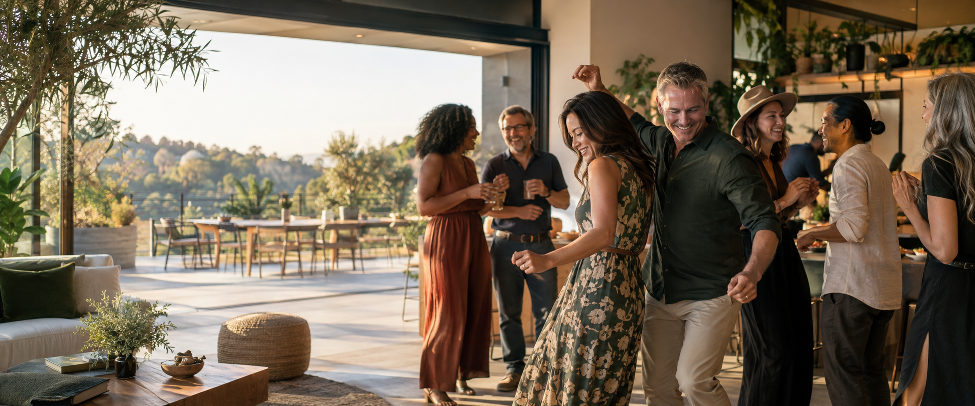 Adults connecting, talking and dancing together in a welcoming community space